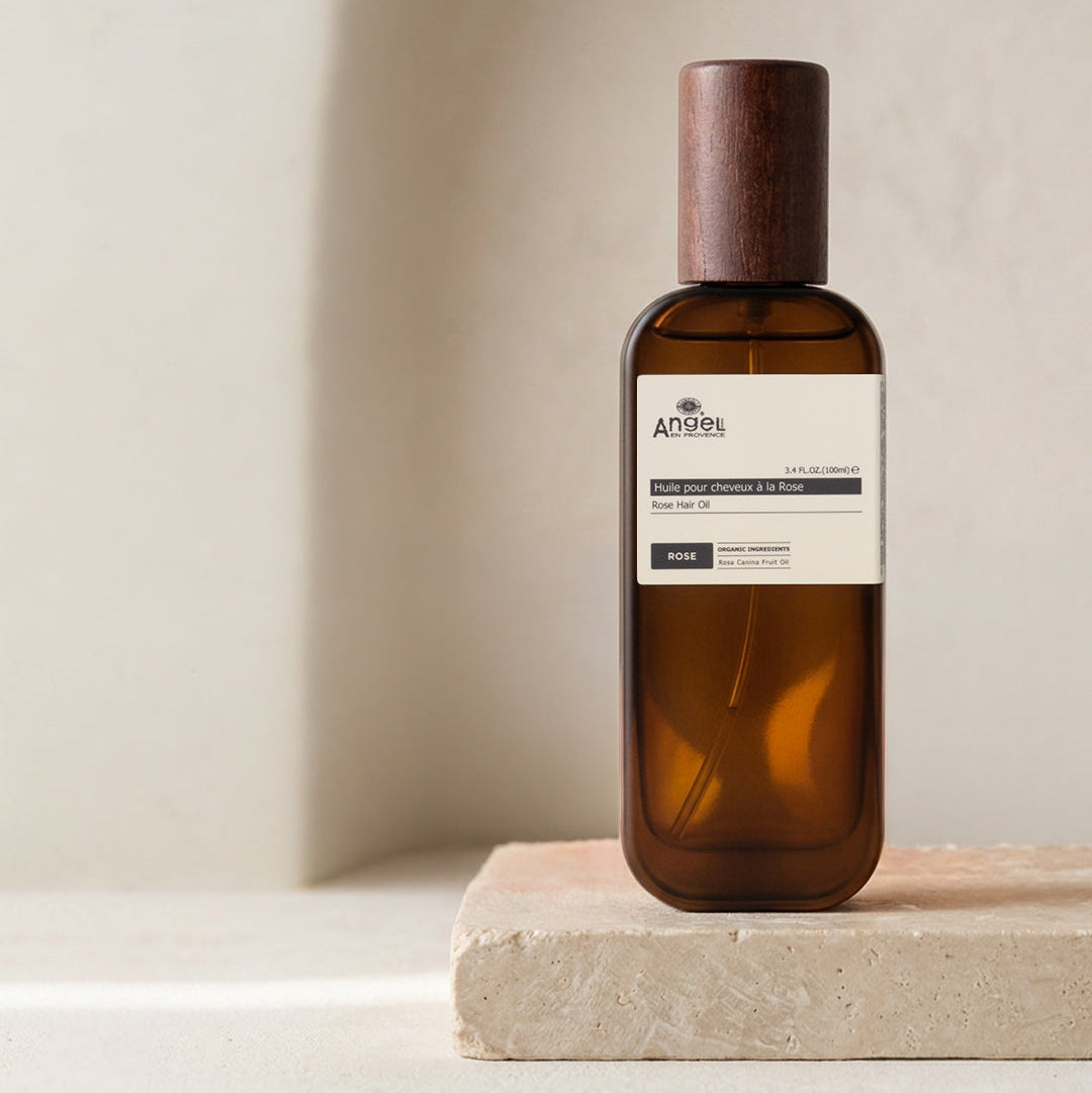 Angel Rose hair oil with natural background - angel hair products NZ
