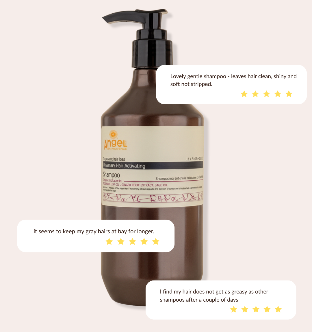 A bottle of Angel en Provence Rosemary shampoo with customer reviews from Angel Haircare NZ
